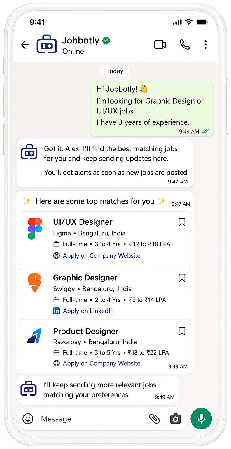 Jobbotly WhatsApp chat showing AI-curated job matches